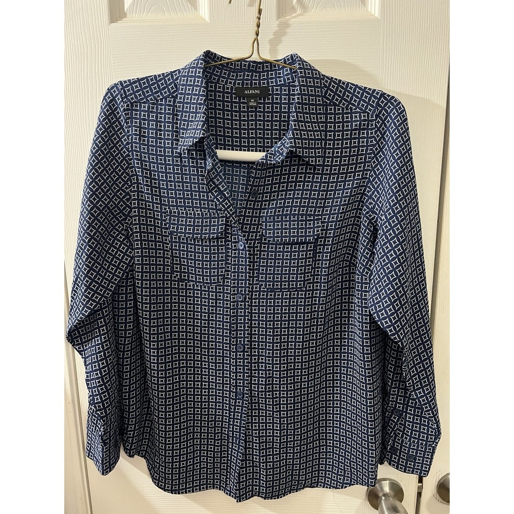 Alfani‎ Plus Size 0X Core Blouse Tunic Blue White Geometric print